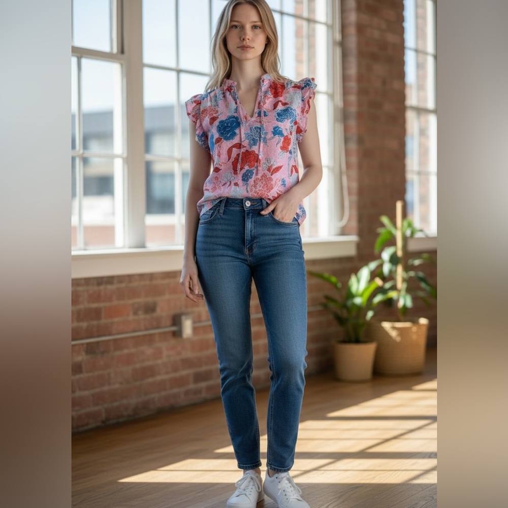 BB Dakota Pink Floral Ruffle Sleeve Blouse